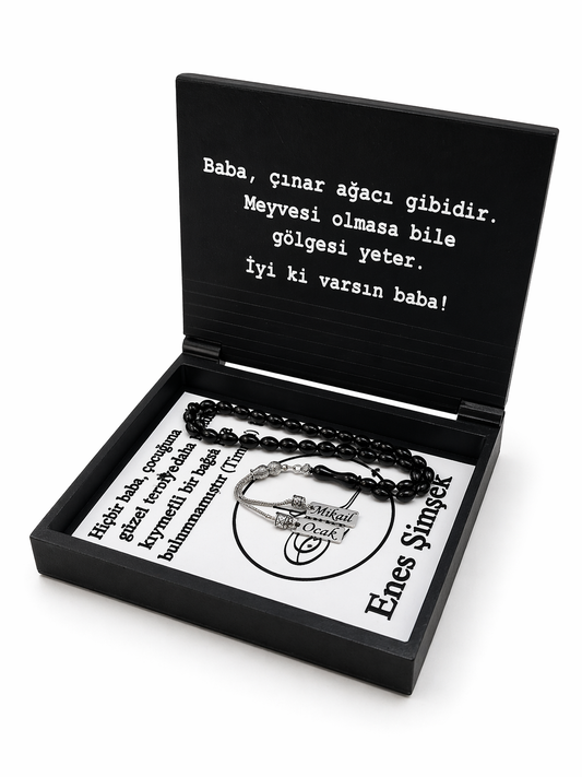 Babaya Özel Hat Sanatı İsimlik Dekoratif Süs Seti + İsimli Sıkma Kehribar Tesbih
