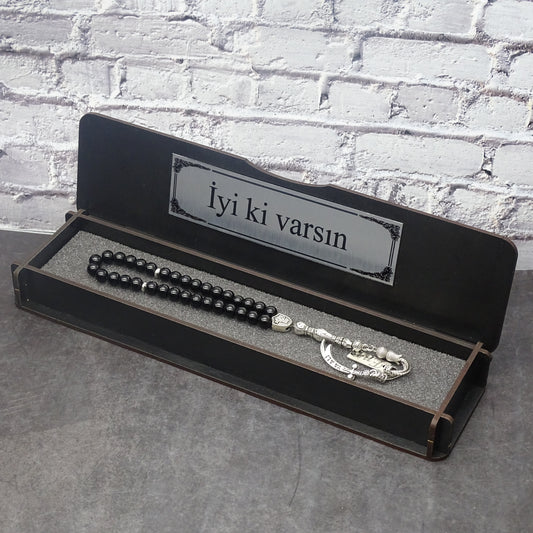 HZ Ali. Zülfikar Tesbih / Gebetskette mit Namen Gravur aus Naturstein mit Box