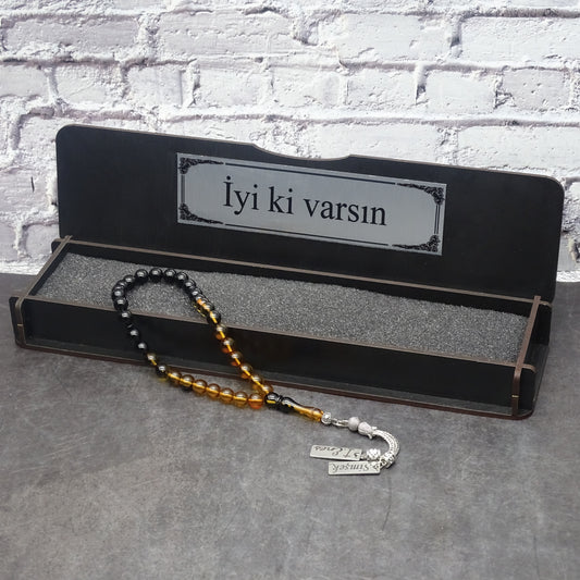 Kehribar Tesbih / Sikma Tesbih Kutulu İsim Yazılı