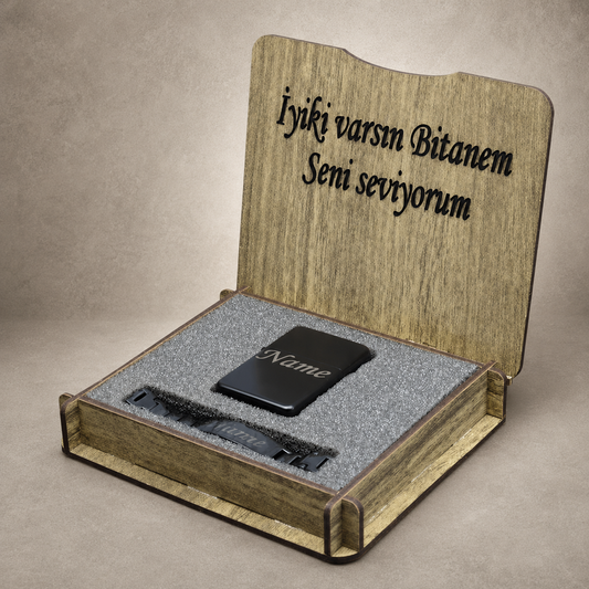 Kişisel hediye seti paslanmaz çelik bilezik ve gravürlü çakmak 