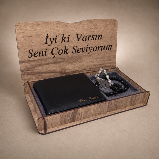 Erkekler için hakiki deri cüzdanlı tesbih hediye seti