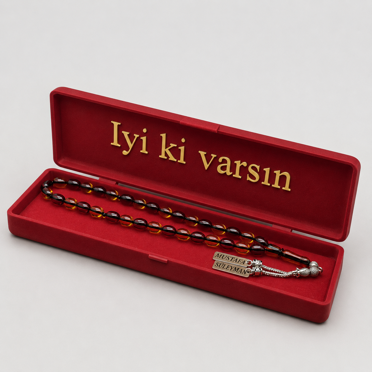 Kehribar Tesbih / Sikma Gebetskette Namen Gravur mit Box