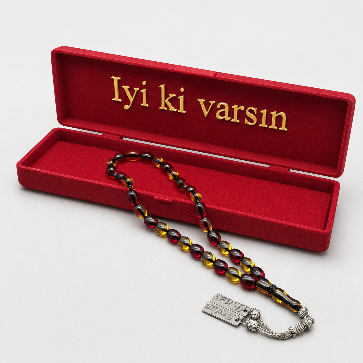 Kehribar Tesbih / Sikma Gebetskette Namen Gravur mit Box
