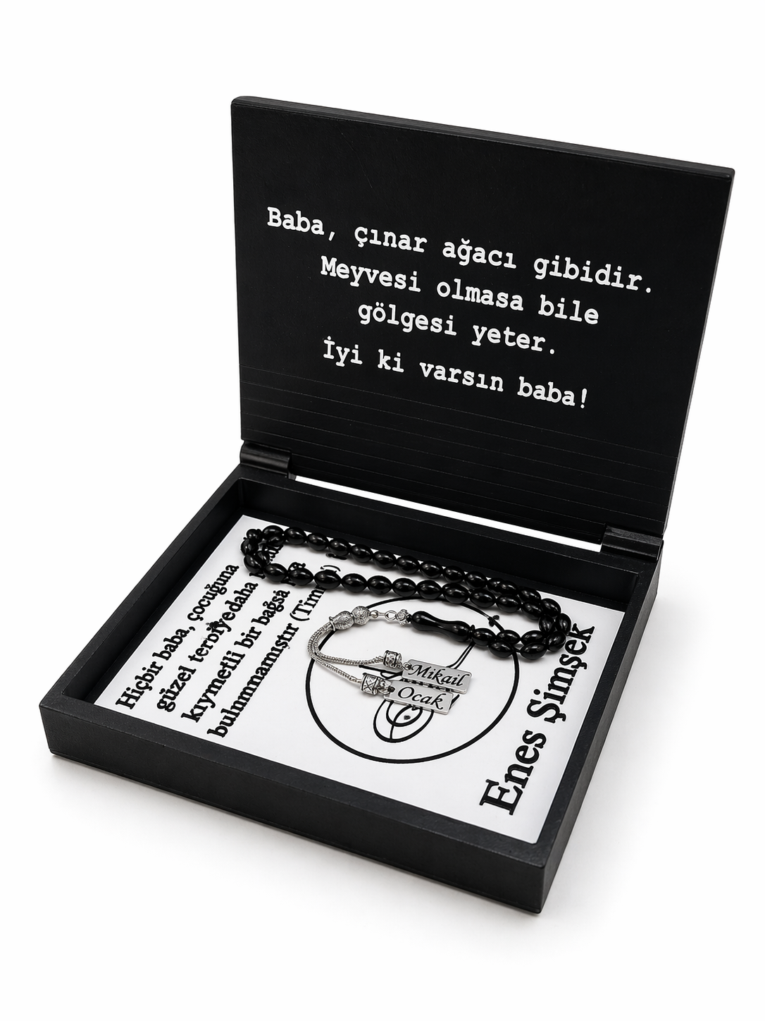Babaya Özel Hat Sanatı İsimlik Dekoratif Süs Seti + İsimli Sıkma Kehribar Tesbih