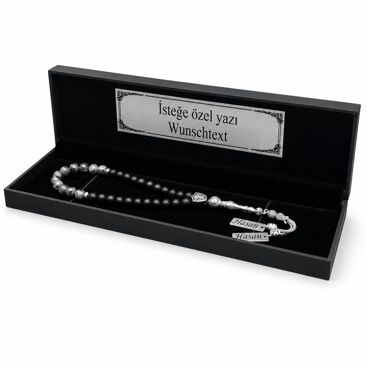 Namen Tesbih personalisiert aus Naturstein mit Box Anthracite/Black