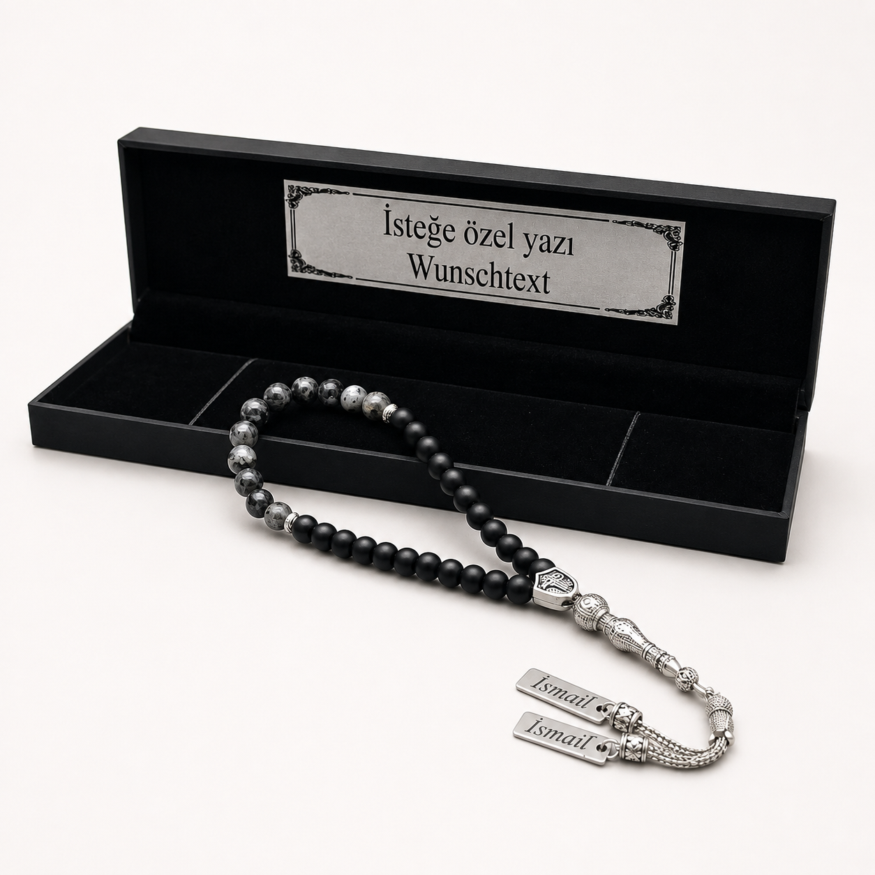 Namen Tesbih personalisiert aus Naturstein mit Box Anthracite/Black