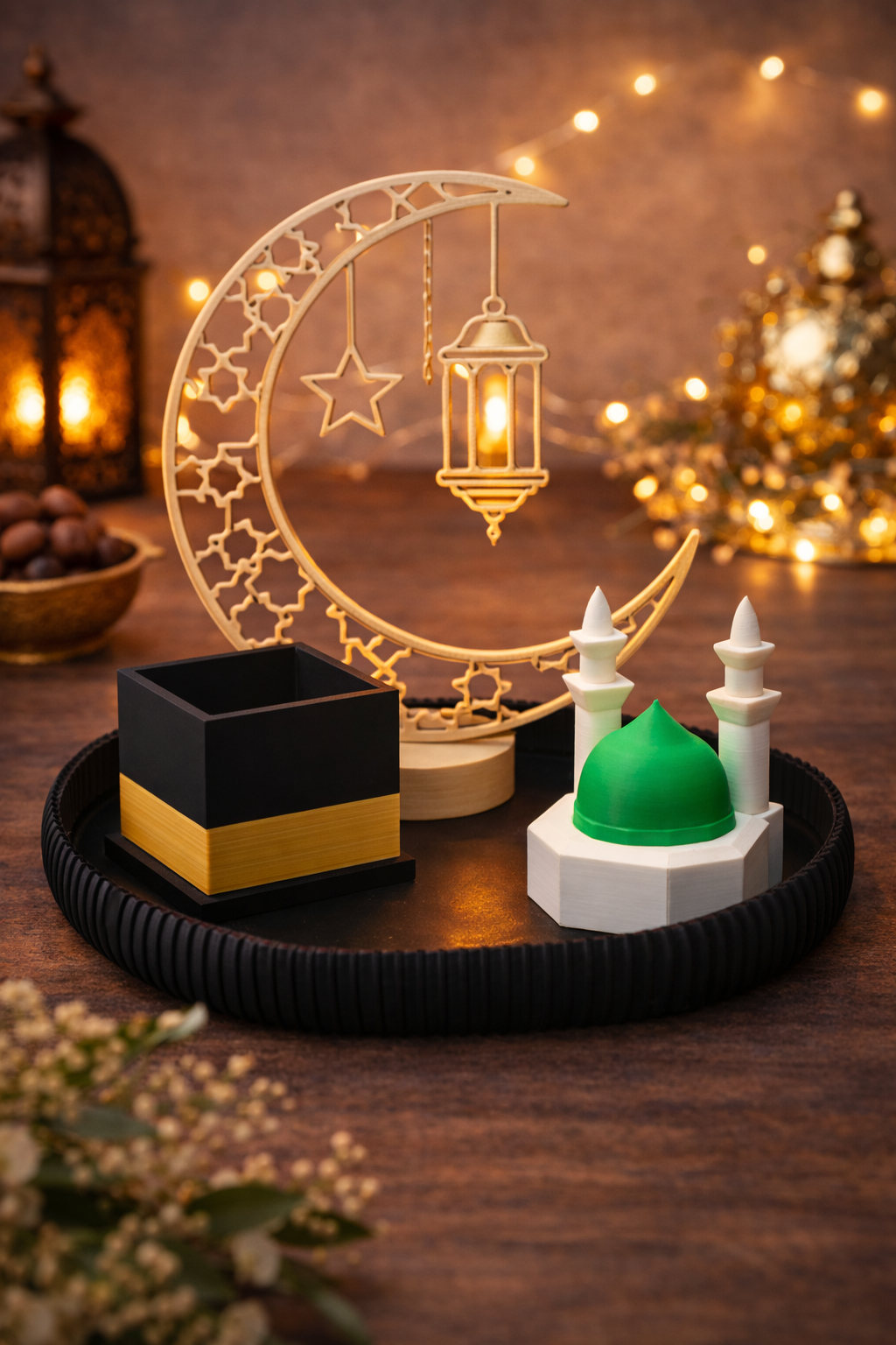 Ramadan Deko Set mit Halbmond schwarzem Tablett