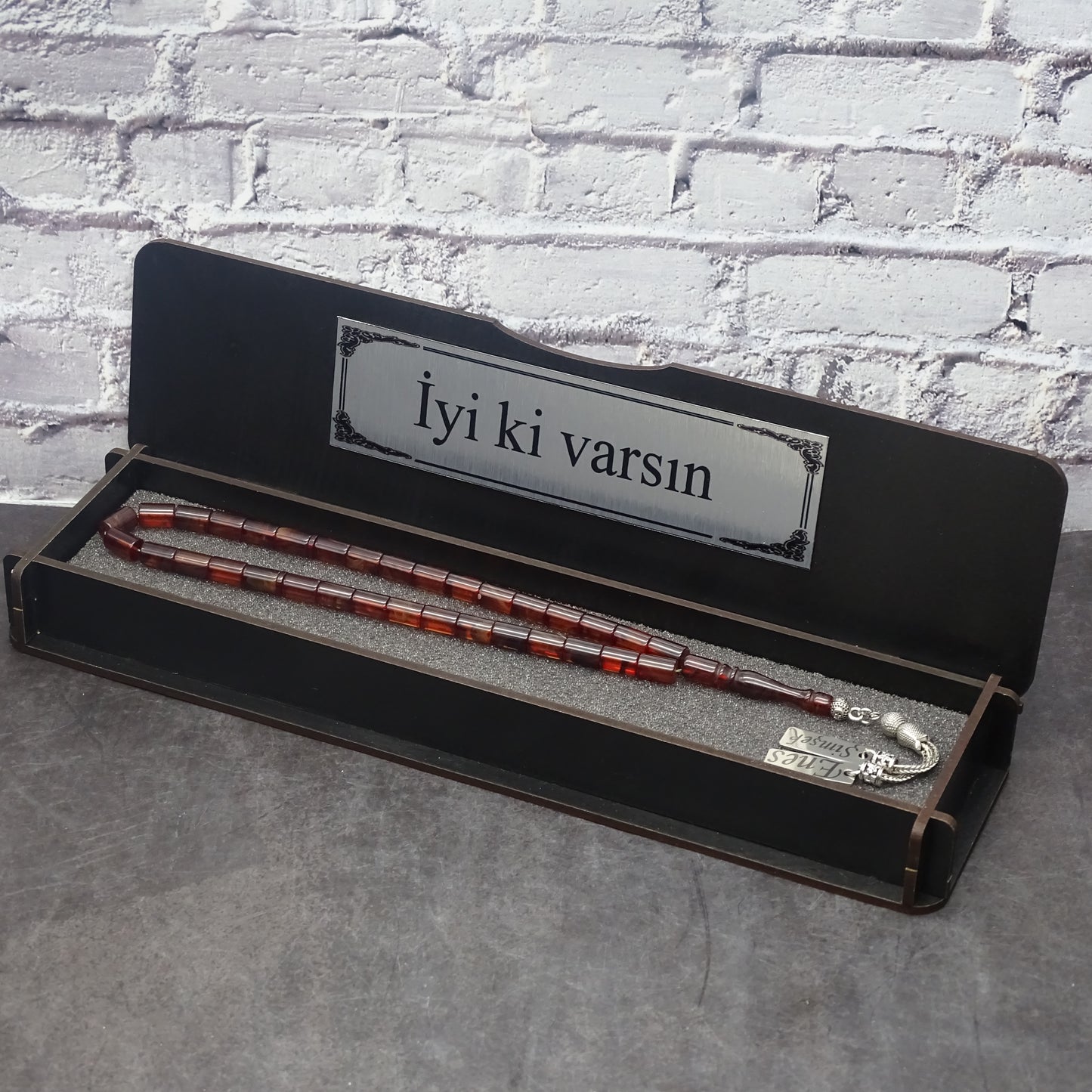 Kehribar Tesbih / Sikma Tesbih Kutulu İsim Yazılı