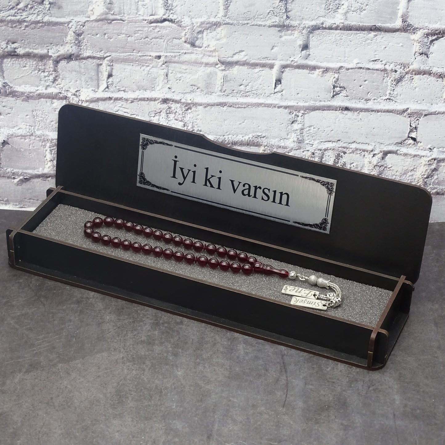 Kehribar Tesbih / Sikma Gebetskette Namen Gravur mit Box