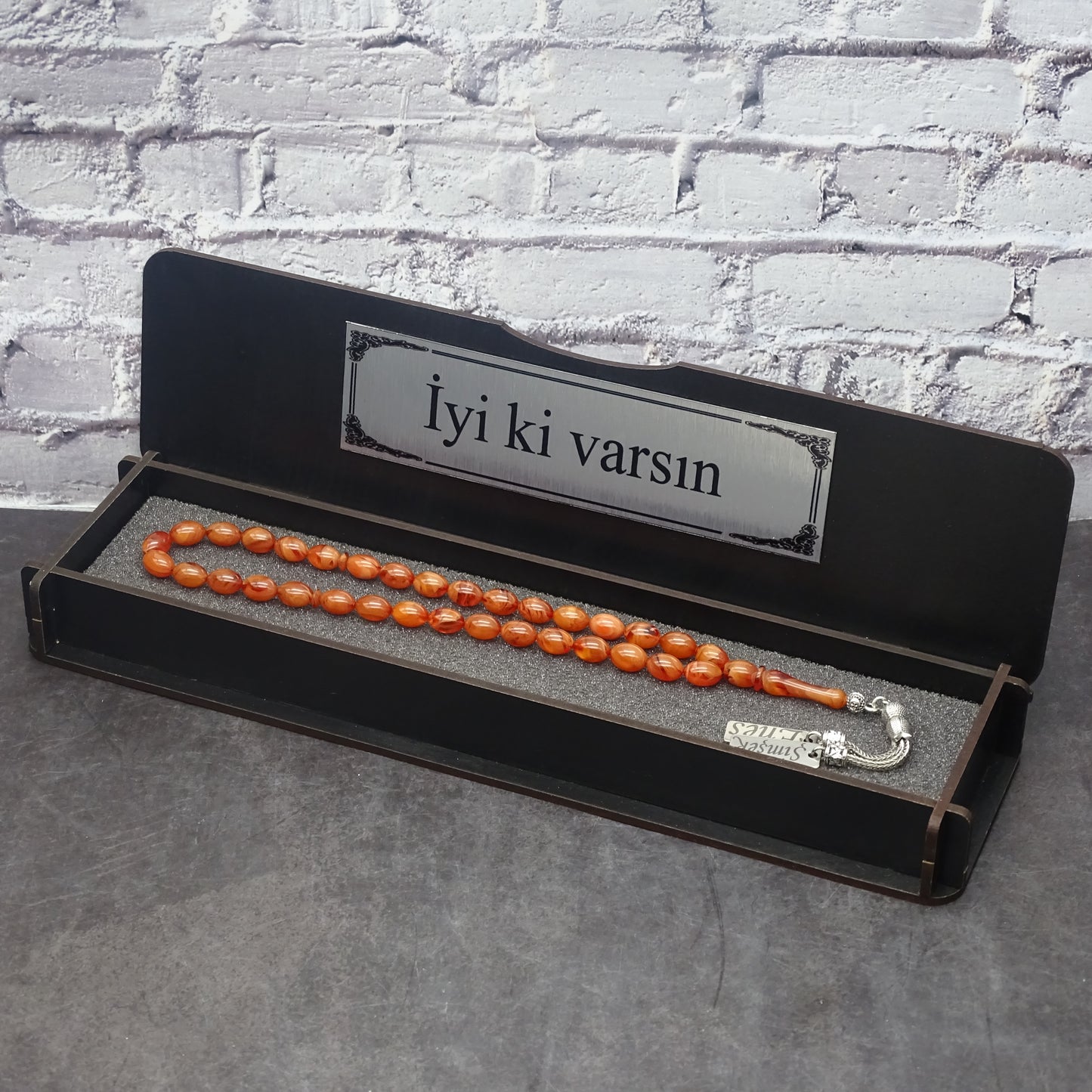 Kehribar Tesbih / Sikma Gebetskette Namen Gravur mit Box
