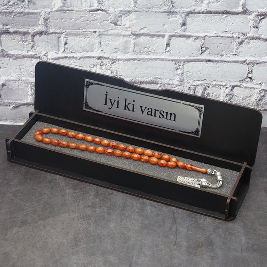 Kehribar Tesbih / Sikma Tesbih Kutulu İsim Yazılı