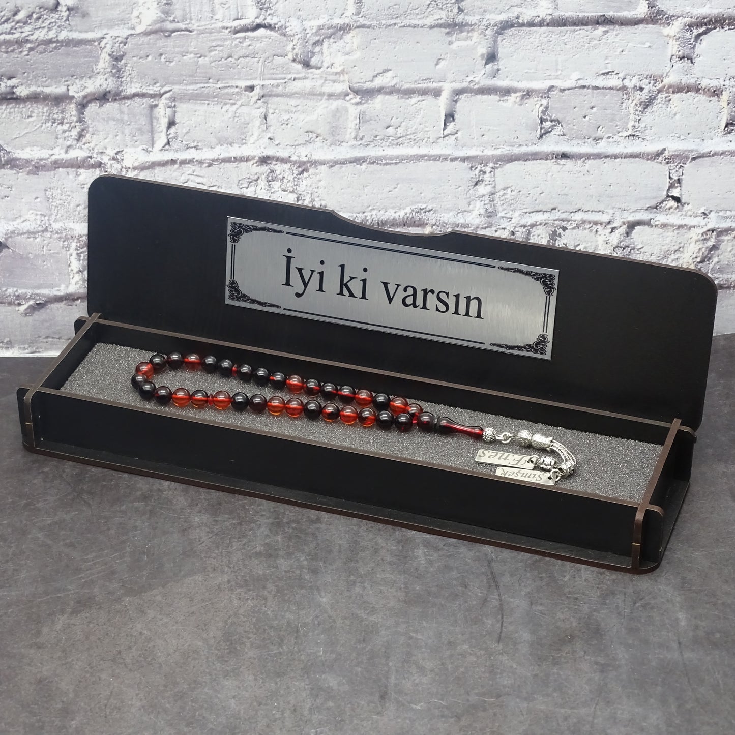 Kehribar Tesbih / Sikma Gebetskette Namen Gravur mit Box