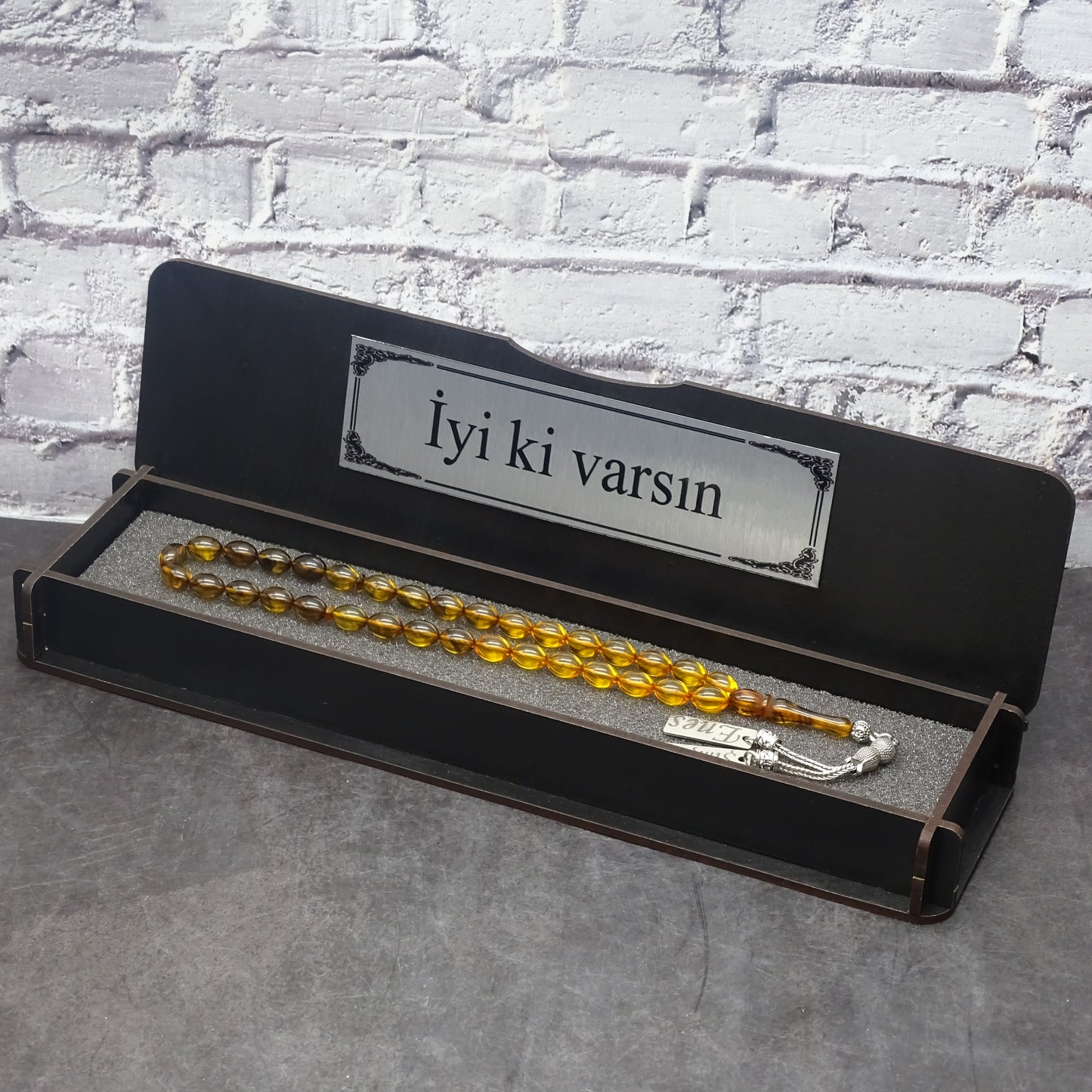 Kehribar Tesbih / Sikma Gebetskette Namen Gravur mit Box