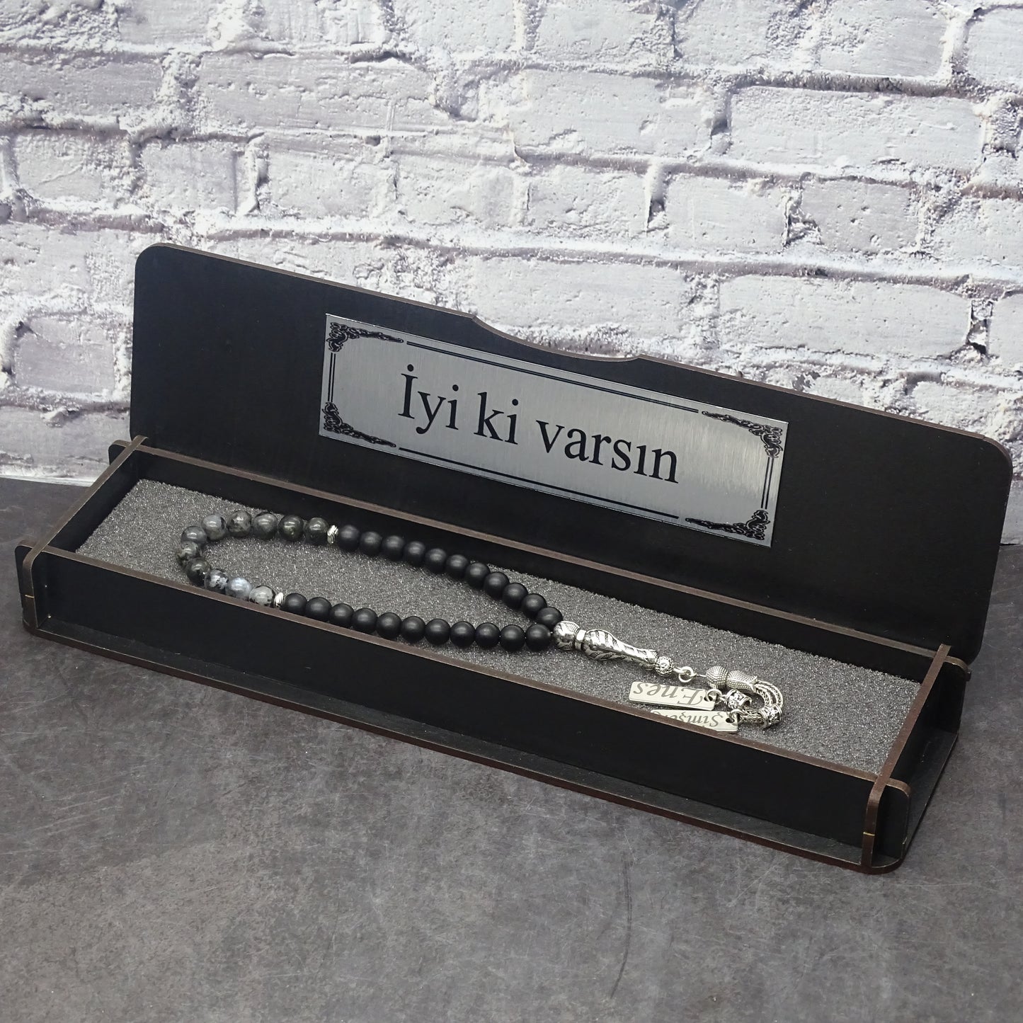 Namen Tesbih personalisiert aus Naturstein mit Box Anthracite/Black