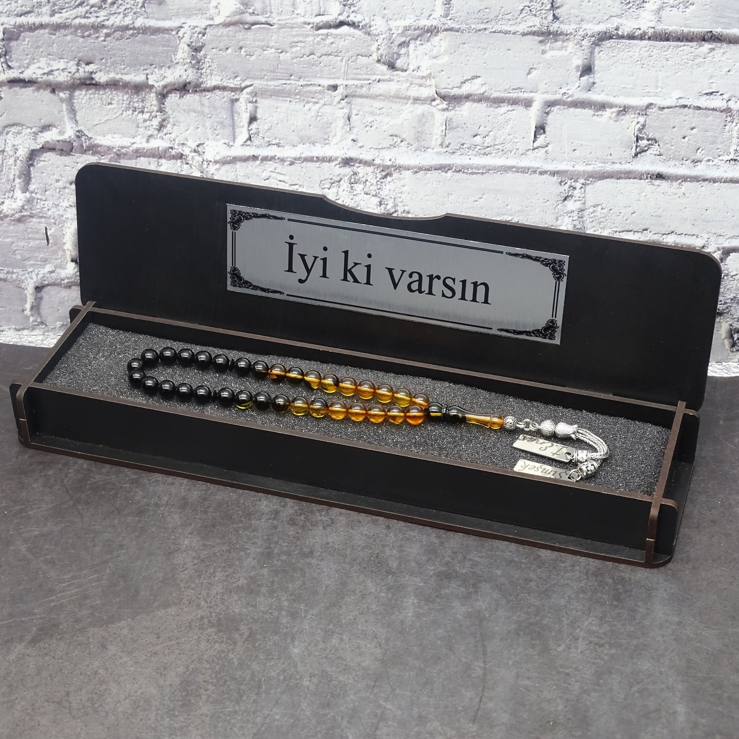 Kehribar Tesbih / Sikma Gebetskette Namen Gravur mit Box