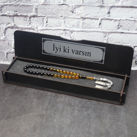 Kehribar Tesbih / Sikma Tesbih Kutulu İsim Yazılı