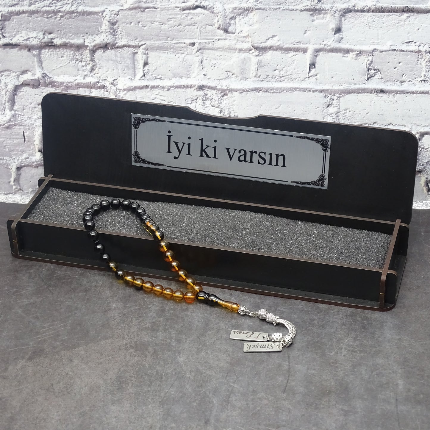 Kehribar Tesbih / Sikma Gebetskette Namen Gravur mit Box