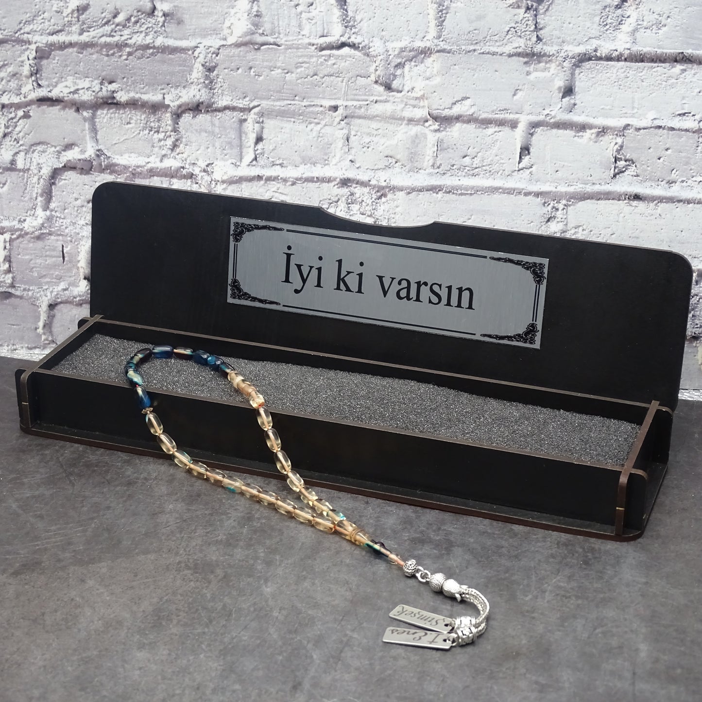 Kehribar Tesbih / Sikma Tesbih Kutulu İsim Yazılı