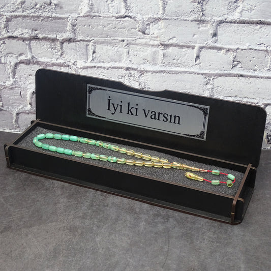 Kehribar Tesbih / Sikma Tesbih Kutulu İsim Yazılı