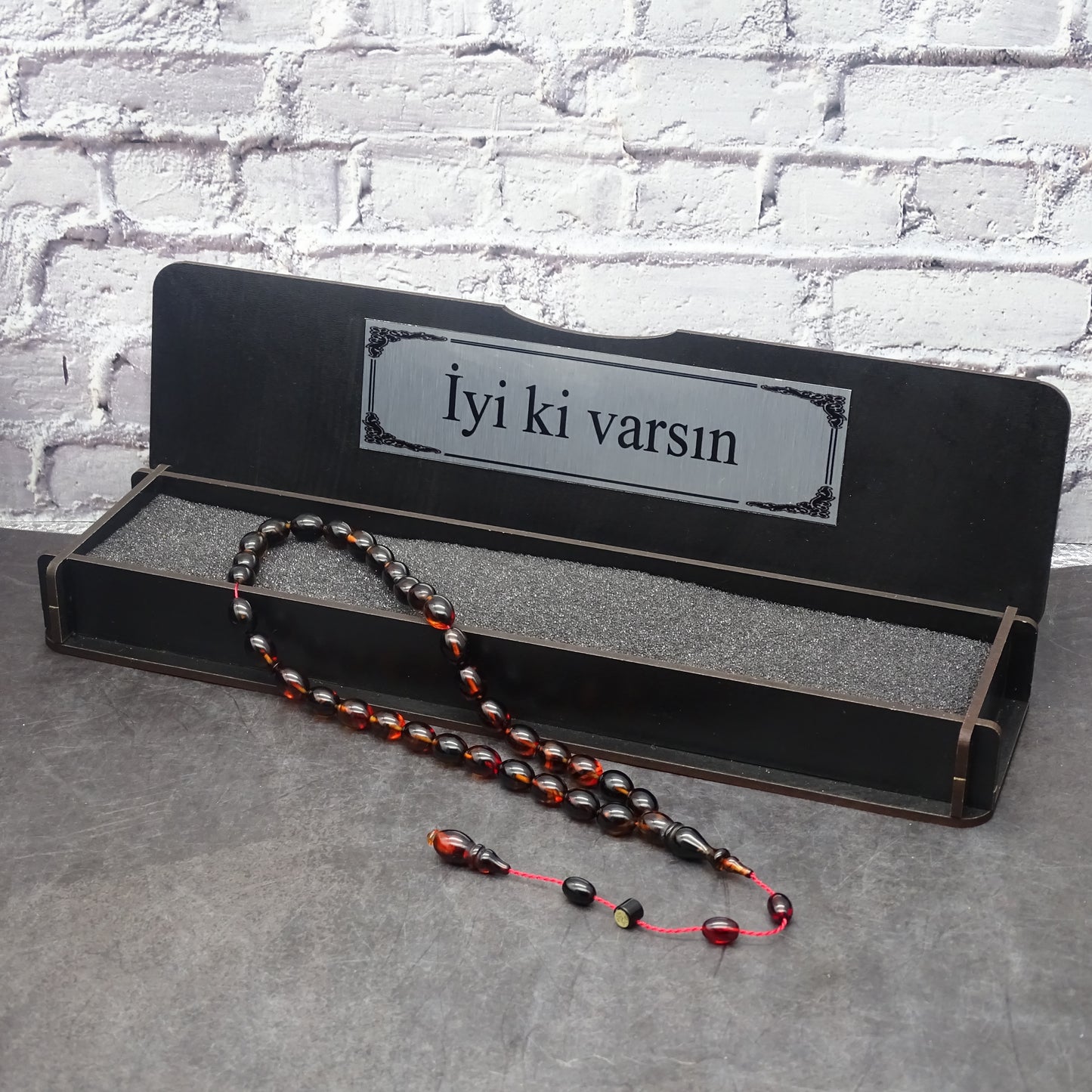 Kehribar Tesbih / Sikma Tesbih Kutulu İsim Yazılı