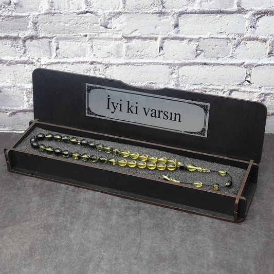 Kehribar Tesbih / Sikma Tesbih Kutulu İsim Yazılı