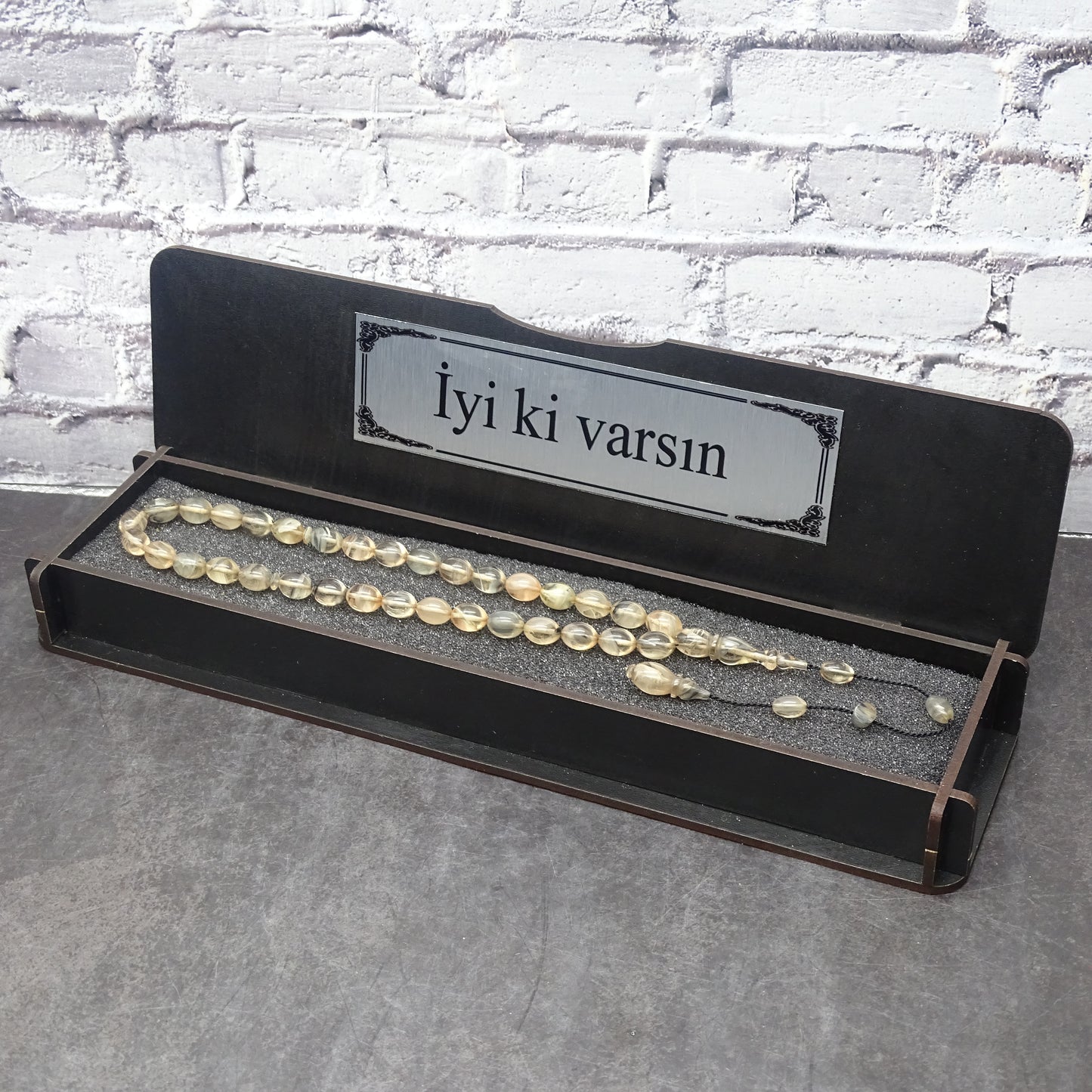 Kehribar Tesbih / Sikma Tesbih Kutulu İsim Yazılı