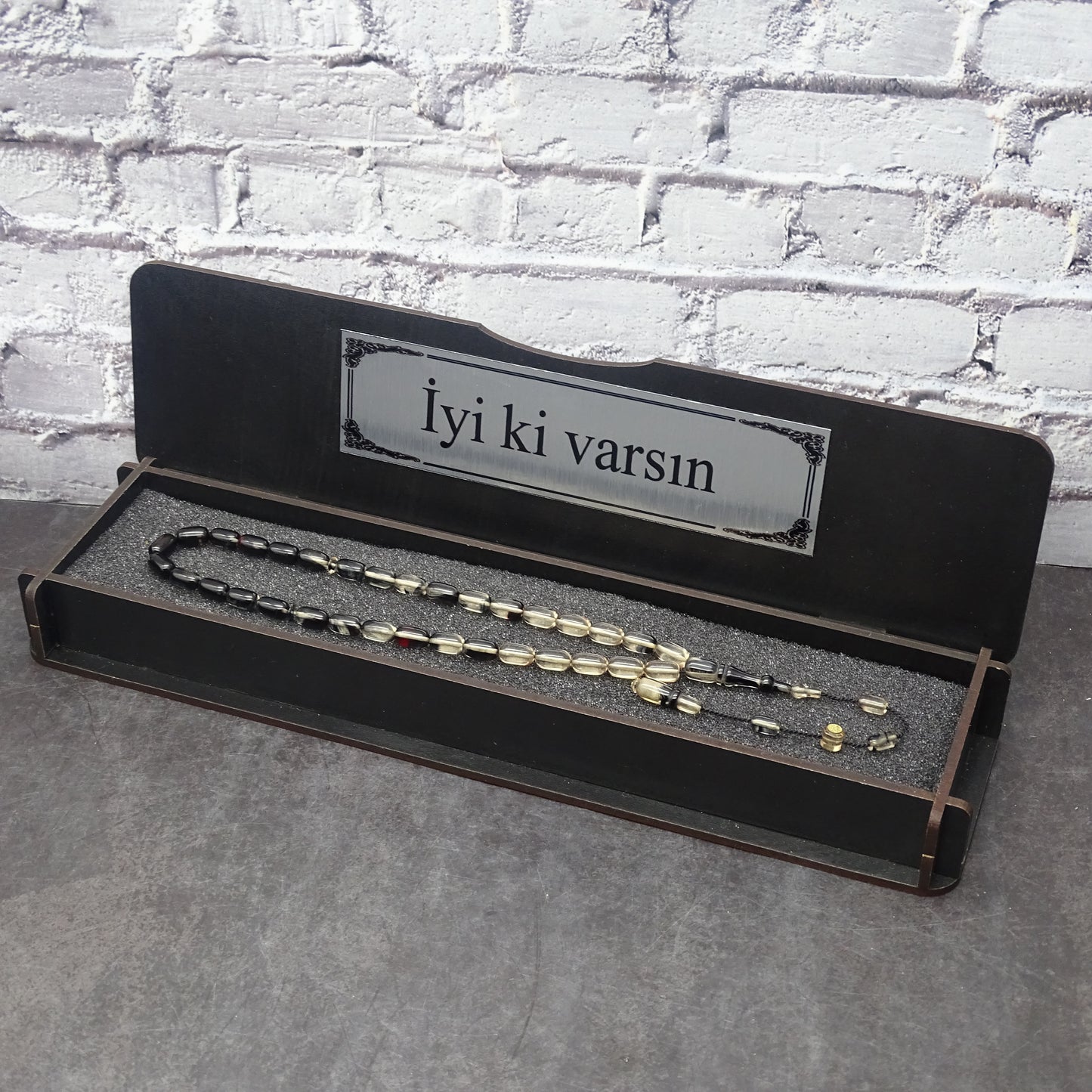 Kehribar Tesbih / Sikma Tesbih Kutulu İsim Yazılı