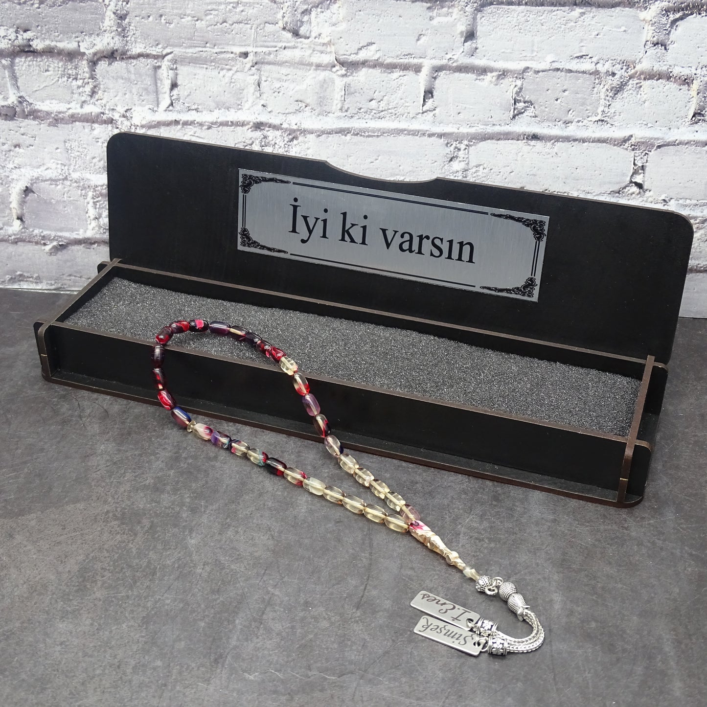 Kehribar Tesbih / Sikma Tesbih Kutulu İsim Yazılı