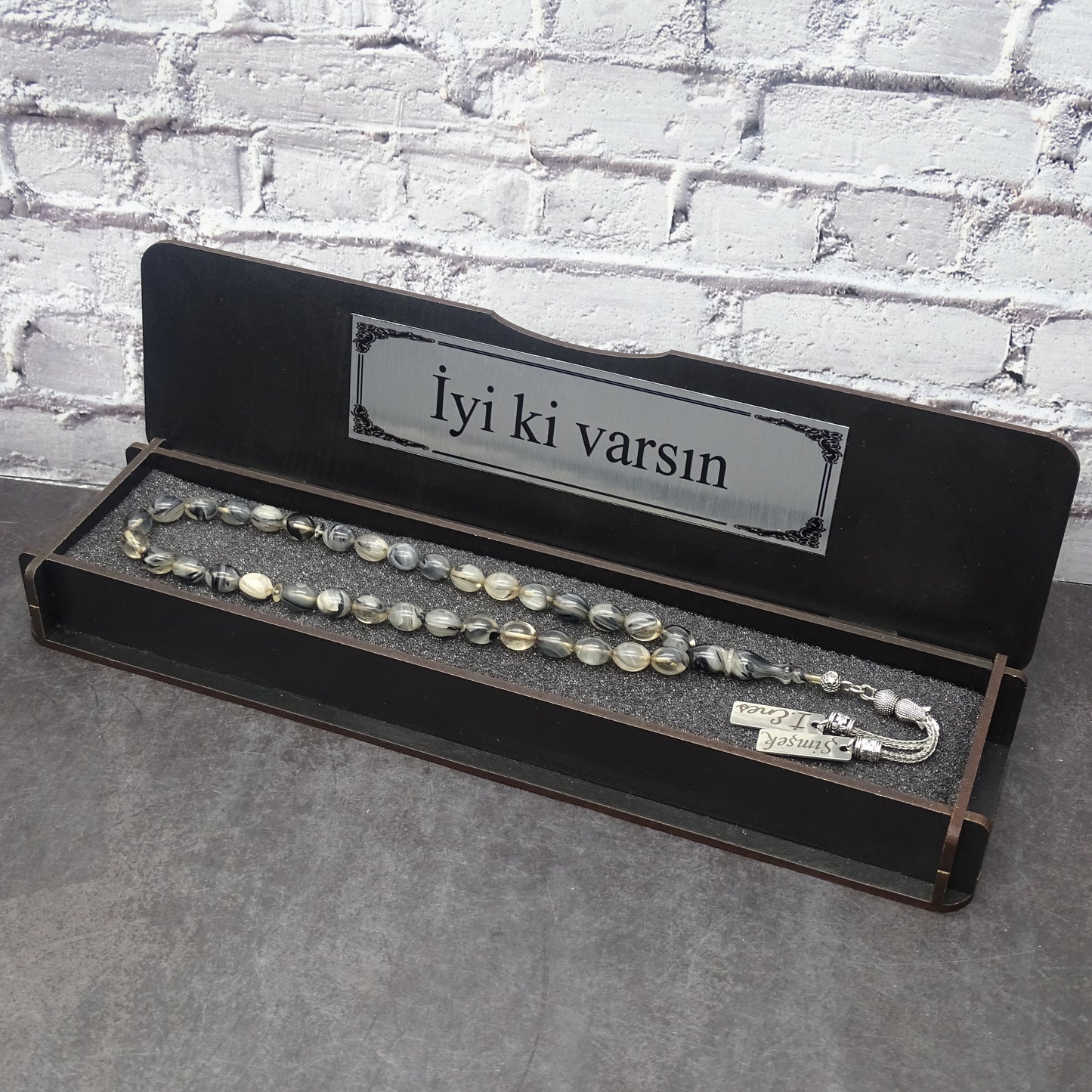 Kehribar Tesbih / Sikma Tesbih Kutulu İsim Yazılı