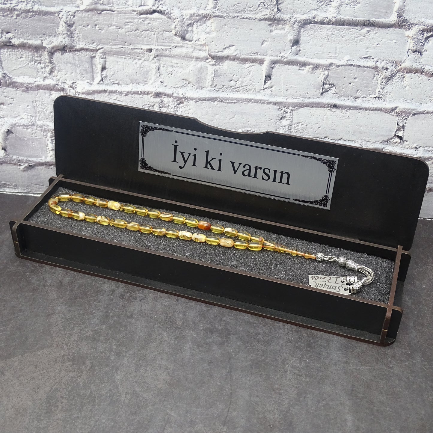 Kehribar Tesbih / Sikma Tesbih Kutulu İsim Yazılı