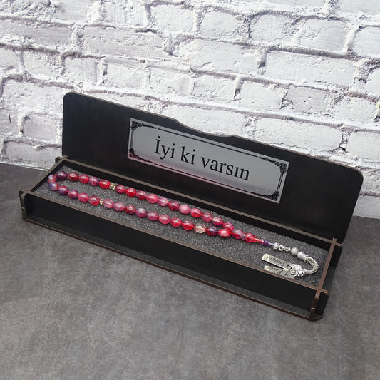 Kehribar Tesbih / Sikma Tesbih Kutulu İsim Yazılı