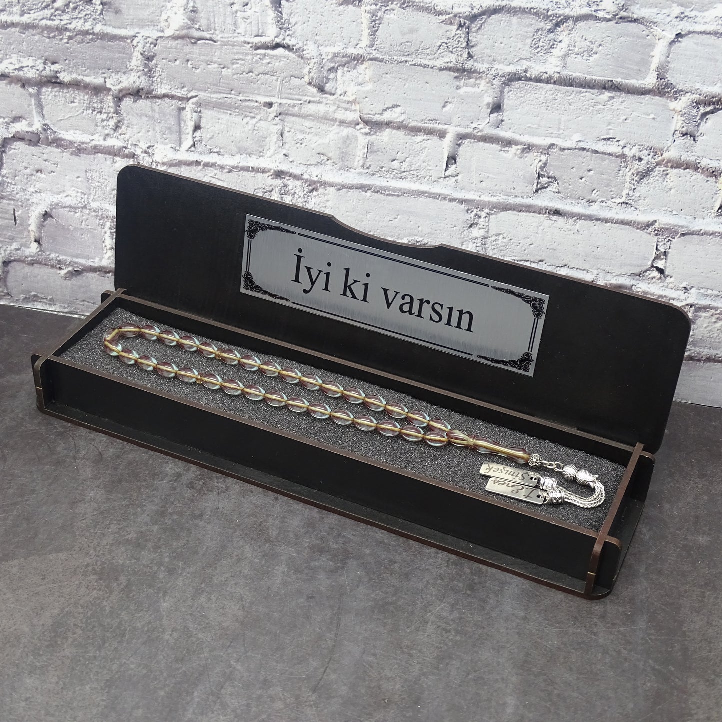 Kehribar Tesbih / Sikma Tesbih Kutulu İsim Yazılı