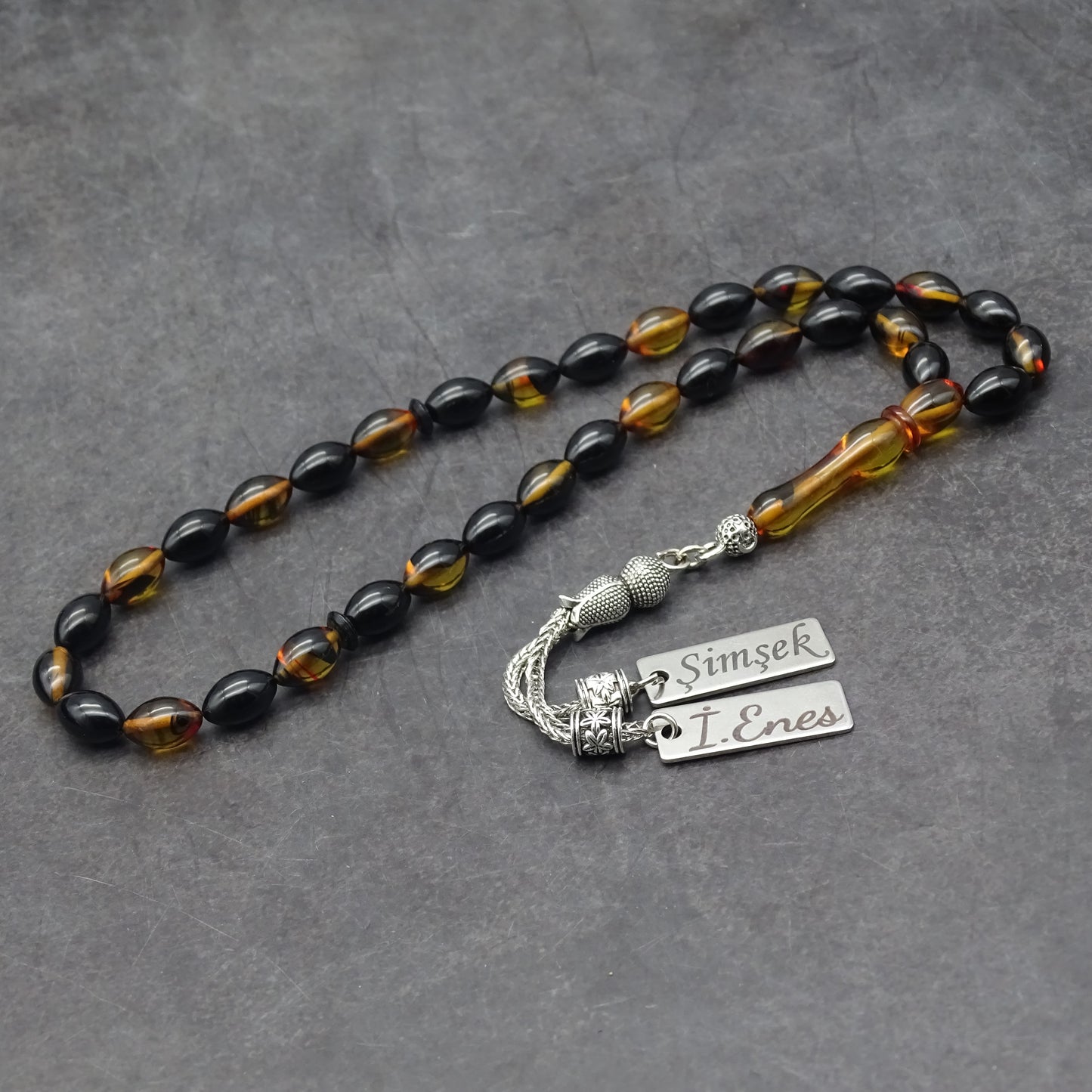 Kehribar Tesbih / Sikma Tesbih Kutulu İsim Yazılı