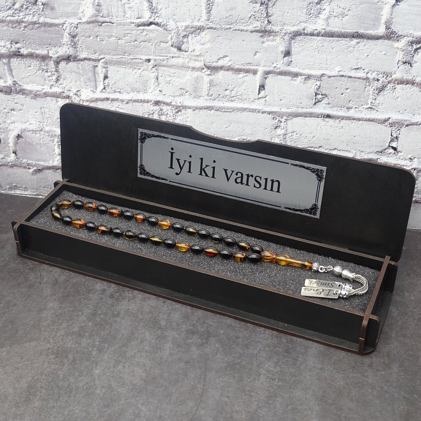 Kehribar Tesbih / Sikma Tesbih Kutulu İsim Yazılı