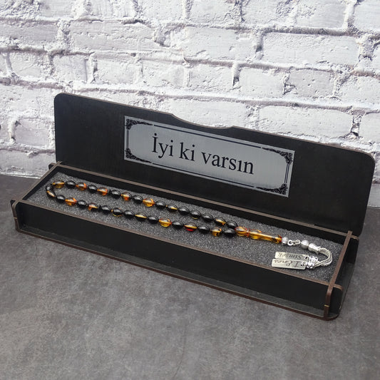 Kehribar Tesbih / Sikma Tesbih Kutulu İsim Yazılı