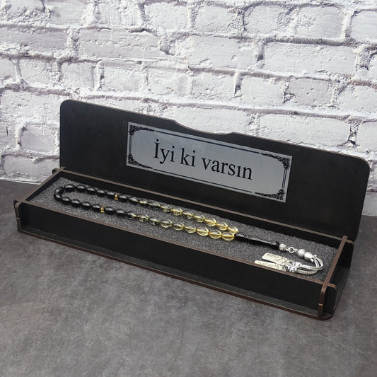 Kehribar Tesbih / Sikma Tesbih Kutulu İsim Yazılı