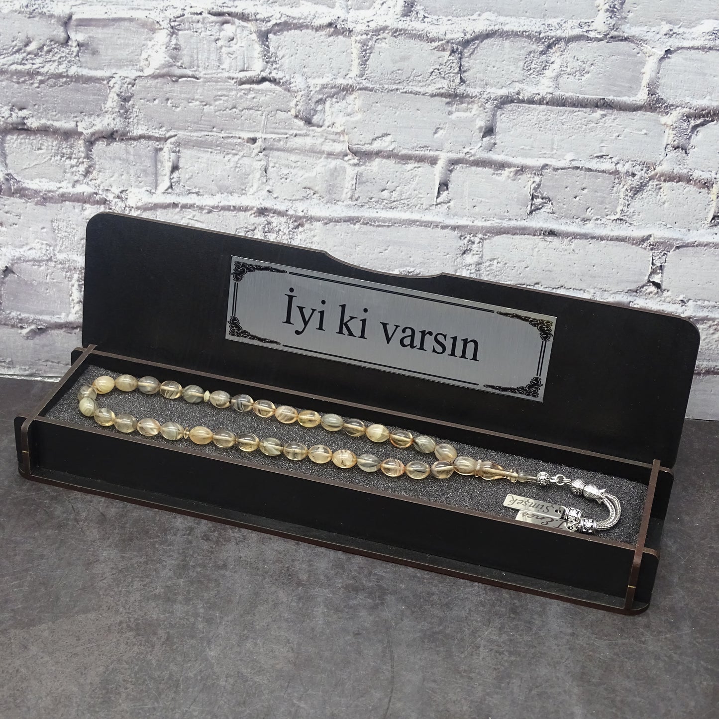 Kehribar Tesbih / Sikma Tesbih Kutulu İsim Yazılı