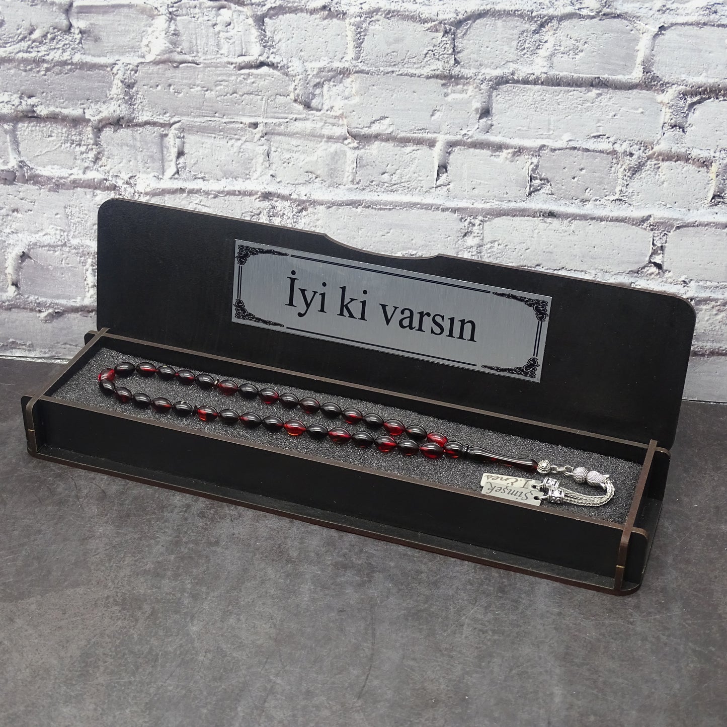 Kehribar Tesbih / Sikma Tesbih Kutulu İsim Yazılı