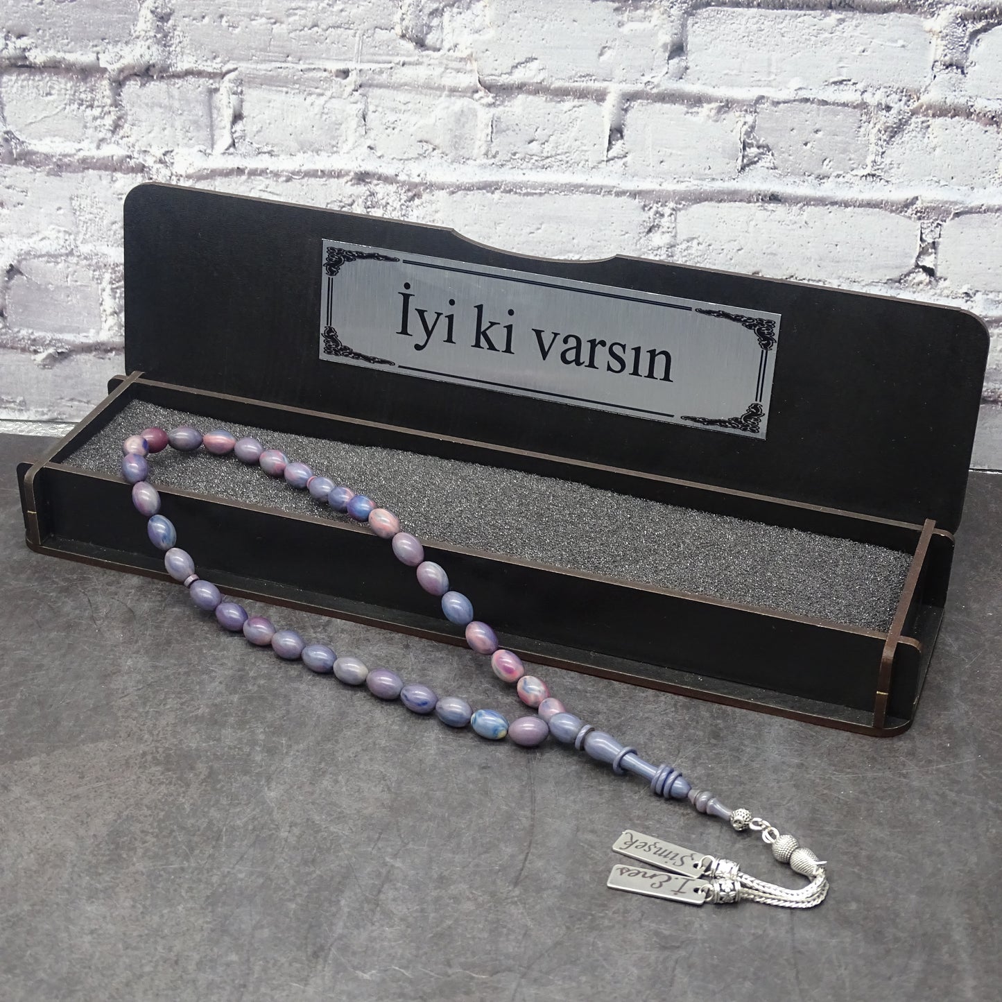 Kehribar Tesbih / Sikma Tesbih Kutulu İsim Yazılı