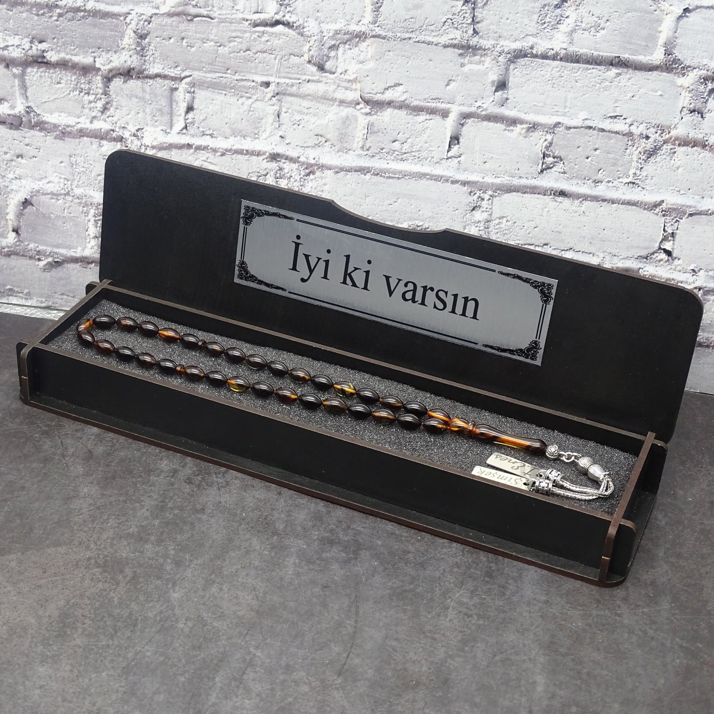 Kehribar Tesbih / Sikma Tesbih Kutulu İsim Yazılı