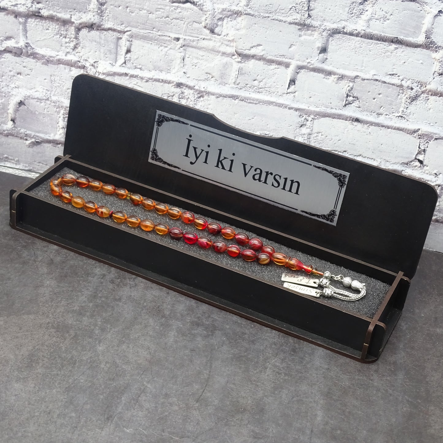 Kehribar Tesbih / Sikma Tesbih Kutulu İsim Yazılı