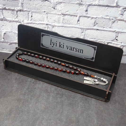 Kehribar Tesbih / Sikma Gebetskette Namen Gravur mit Box