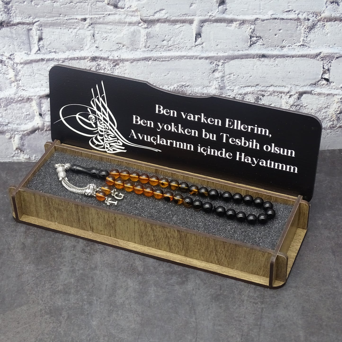 Kehribar Tesbih / Sikma Gebetskette Namen Gravur mit Box