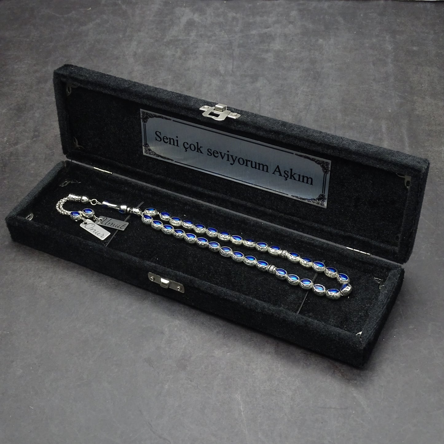 Personalisierte Gebetskette (Tesbih)  – Zamak-Guss mit individueller Geschenkbox