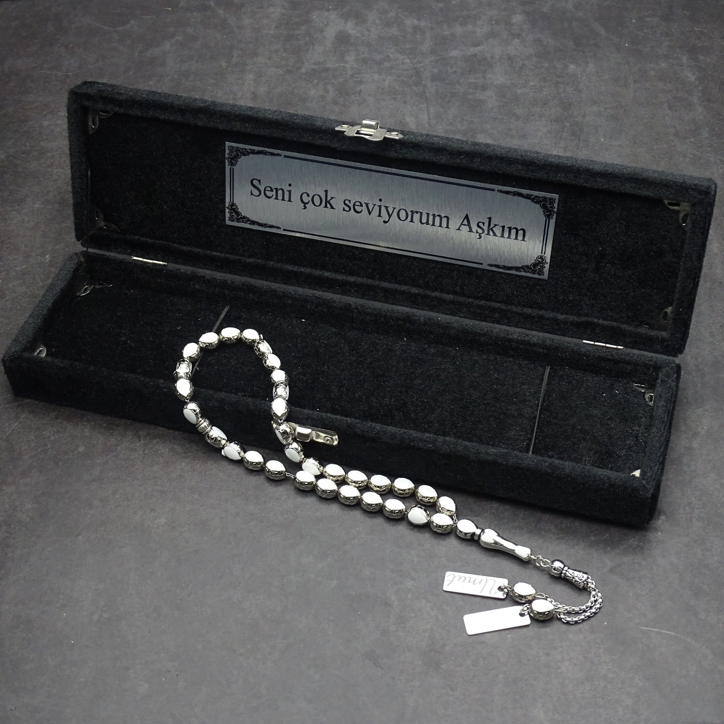 Personalisierte Gebetskette (Tesbih)  – Zamak-Guss mit individueller Geschenkbox