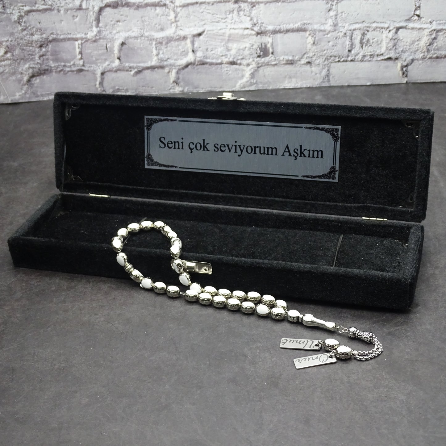 Personalisierte Gebetskette (Tesbih)  – Zamak-Guss mit individueller Geschenkbox