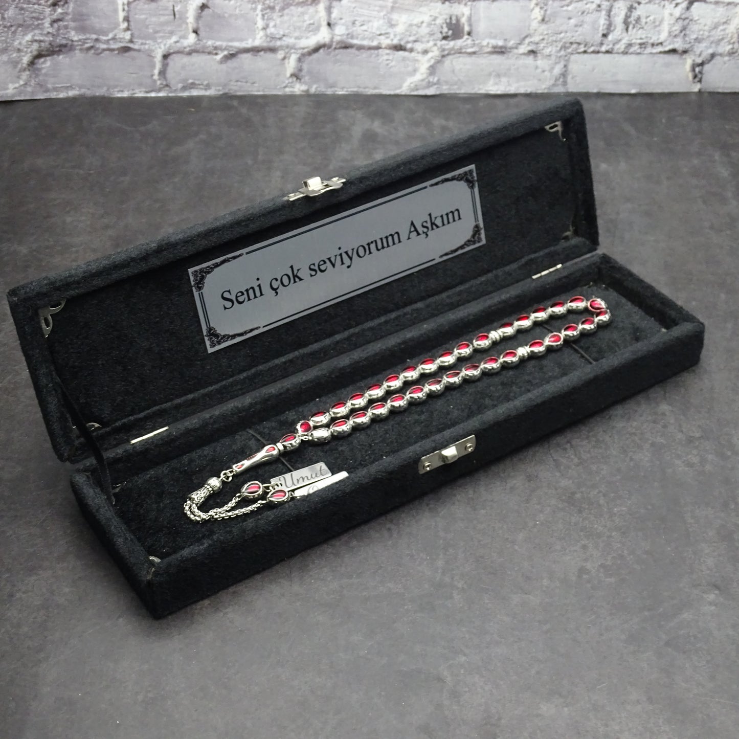 Personalisierte Gebetskette (Tesbih)  – Zamak-Guss mit individueller Geschenkbox