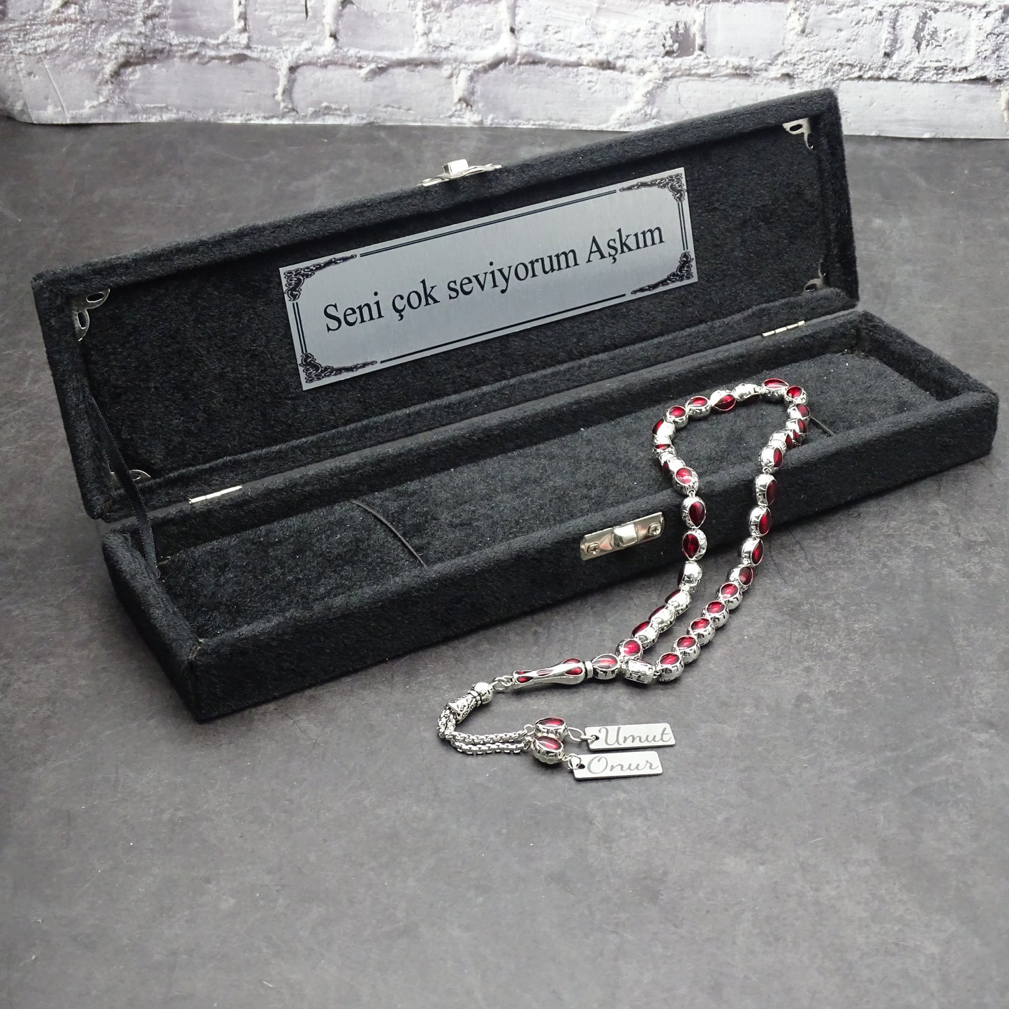 Personalisierte Gebetskette (Tesbih)  – Zamak-Guss mit individueller Geschenkbox