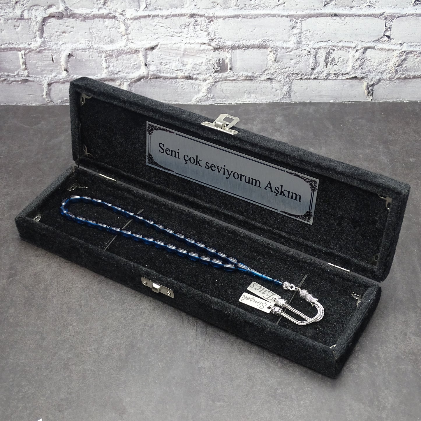 Kehribar Tesbih / Sikma Tesbih Kutulu İsim Yazılı