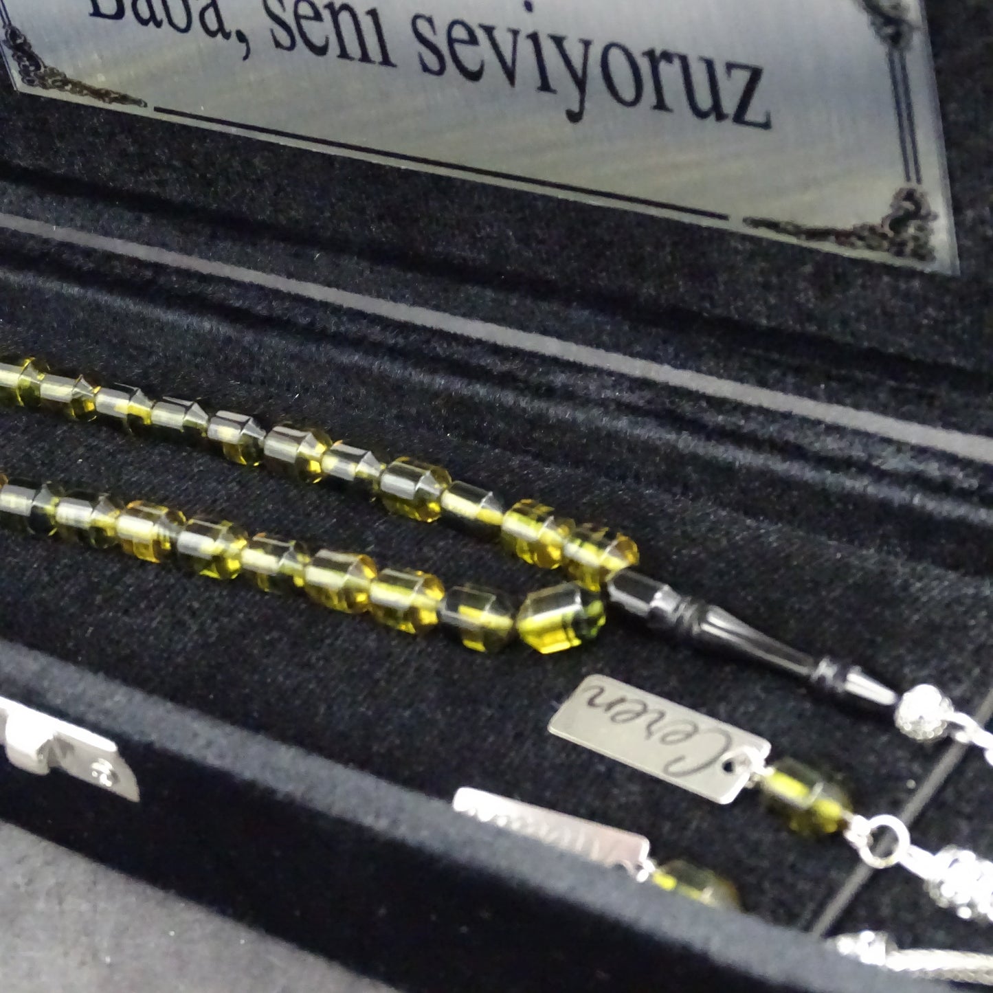 Kehribar Tesbih / Sikma Gebetskette Namen Gravur mit Box
